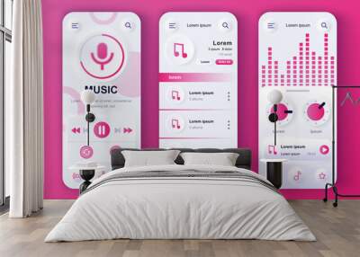 Music player concept neumorphic templates set. Play music, song playlist and settings in smartphone interface. UI, UX, GUI screens for responsive mobile app. Vector design kit in neumorphism style Wall mural