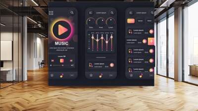 Music player concept neumorphic templates set. Play songs, equalizer settings, playlist, navigation elements. UI, UX, GUI screens for responsive mobile app. Vector design kit in neumorphism style Wall mural