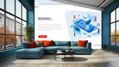 Online booking isometric landing page. Travel application for ticket orders, hotel search, review and reservation. Digital technology and devices. Busy people in work situation 3d vector isometry. Wall mural