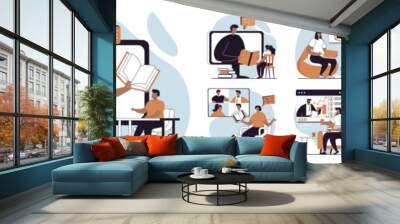 Online education concept with people scenes mega set in flat web design. Bundle of character situation with distant students watching video lessons, trainings and webinars. Vector illustrations. Wall mural