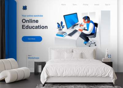 Online education isometric landing page. Young man studying with computer at workplace situation. Distance learning, online webinar, professional courses and skills development perspective flat design Wall mural