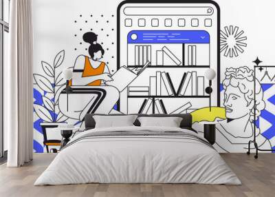 Online library web concept in flat outline design with characters. Woman reading e-books, stores books in cloud storage or device, buys books in online bookstore, people scene. Illustration. Wall mural