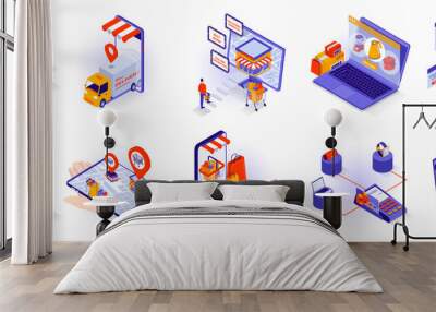 Online shopping concept isometric 3d icons set. Buying books in bookstore online, ordering goods from computer or app, tracking package and paying, isometry isolated collection. Vector illustration Wall mural