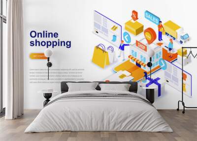 online shopping modern flat design isometric concept. sale, consumerism and people concept. landing  Wall mural