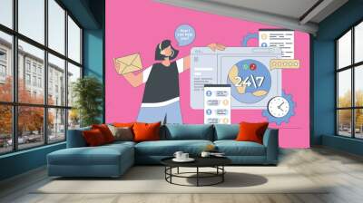 Online support concept in modern flat design for web. Woman consulting clients at online chats, answering emails, talk with customers. Vector illustration for social media banner, marketing material. Wall mural