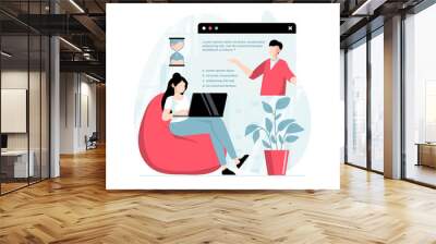 Online survey concept with people scene in flat design. Woman listening video questions and answers in questionnaire and filling digital form. Illustration with character situation for web Wall mural