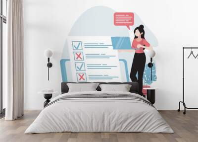 Online survey concept with people scene in flat design. Woman marking answers in questionnaire, fills voting form, leaving her user experience. Vector illustration with character situation for web Wall mural