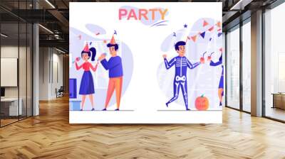 Party concept scenes set. Couple celebrating christmas, halloween or birthday, man and woman singing in karaoke. Collection of people activities. Vector illustration of characters in flat design Wall mural