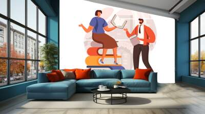 People reading book web concept in flat design. Man and woman reading books. Students study textbooks and prepare for exams. Literature, library, education. Illustration with people scene Wall mural