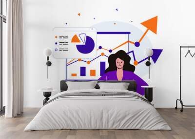 Planning financial budget modern flat concept for web banner design. Woman analyzes statistics, develops financial strategy, invests money, bookkeeping. Illustration with isolated people scene Wall mural