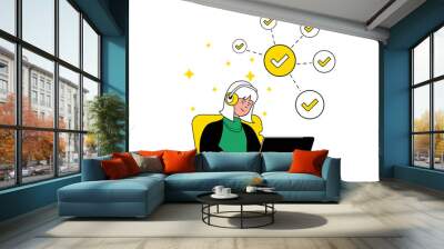 Productivity workplace concept with character situation. Woman works on laptop and performs work tasks, organizes workflow in office. Illustrations with people scene in flat design for web Wall mural