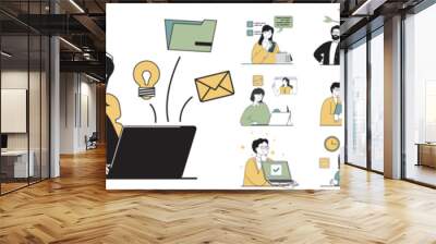 Productivity workplace concept with character situations collection. Bundle of scenes people working, making tasks at office, time management and organization. Vector illustrations in flat web design Wall mural