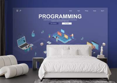 Programming company concept 3d isometric landing page template. People create software, writing code for programs, testing mobile applications. Vector illustration in isometry graphic design. Wall mural