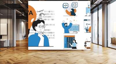 Programming software concept with character situations collection. Bundle of scenes people working on computer and creating programs, coding and fixing code. Vector illustrations in flat web design Wall mural