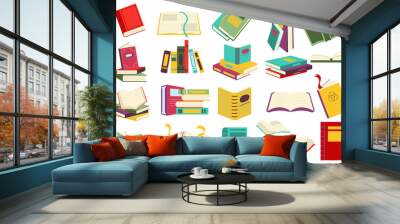 Reading book set in flat cartoon design. Stacks of books at bookstore or library. Student or reader bookshelf pack. Literature of different genres collection isolated elements. Vector illustration Wall mural