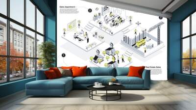 Real estate 3d isometric concept in outline design for web. People working in isometry rooms at head office and house sales department, workers building at construction site. Vector illustration. Wall mural