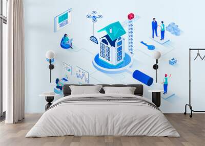 Real estate 3d isometric web design. People work in real estate business, architects design new houses and draw blueprints, builders constructing, agents sell apartments. Web illustration Wall mural