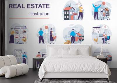 Real estate concept with character situations mega set. Bundle of scenes people buying houses or apartments, making deal contract with realtor, get mortgage. Vector illustrations in flat web design Wall mural