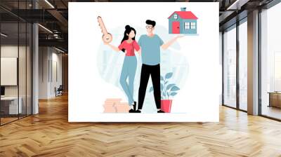 Real estate concept with people scene in flat design. Man and woman holding keys to new house, invest money in dwelling, happy family moving. Illustration with character situation for web Wall mural