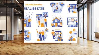 Real estate web concept with people scenes set in flat style. Bundle of home for sale, buying new house, searching rental apartment, mortgage loan, housing. Vector illustration with character design Wall mural