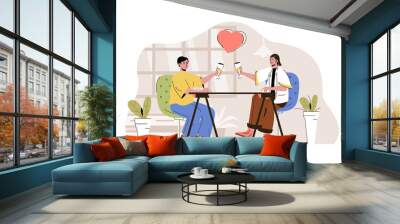 Romantic date concept. Loving man and woman dating in restaurant and drink situation. Relationship in couple people scene. Illustration with flat character design for website and mobile site Wall mural