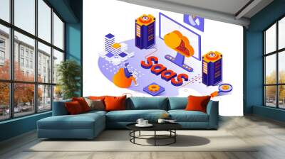 SaaS concept in 3d isometric design. Users subscribe to software and purchasing licenses, using cloud computing and storage platform, web template with people scene. Vector illustration for webpage Wall mural