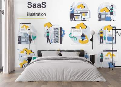 SaaS concept with character situations mega set. Bundle of scenes people using cloud processing or storage, database and programs access with subscription. Vector illustrations in flat web design Wall mural