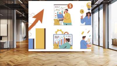 Sales performance concept with character situations collection. Bundle of scenes people analyze graphs data, increase business profits and commercial success. Vector illustrations in flat web design Wall mural