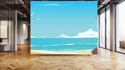 Sea bay background banner in cartoon design. Tropical sand beach landscape with stones, palm trees on rocks, ocean coastline with day clouds, flying seagulls and birds. Vector cartoon illustration Wall mural