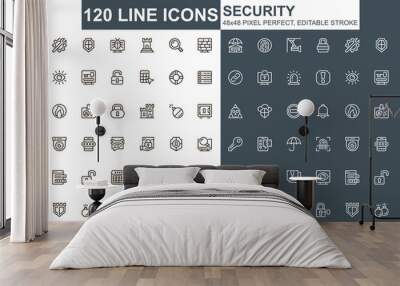 Security thin line icons set. Data protection, internet privacy unique design icons. Cybersecurity services, firewall and network safety outline vector bundle. 48x48 pixel perfect linear pictograms. Wall mural