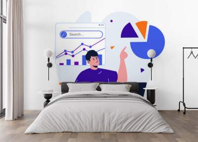 Seo analysis modern flat concept for web banner design. Man analyzes data, adjusts search results, raises rating, increases traffic, works at laptop. Vector illustration with isolated people scene Wall mural