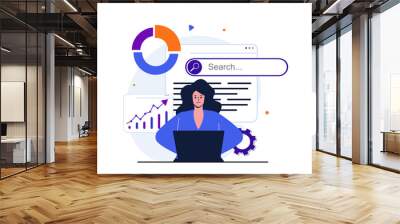 Seo analysis modern flat concept for web banner design. Woman analyst studies data, selects keywords and optimizes site for popular search queries. Illustration with isolated people scene Wall mural