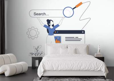 Seo optimization concept with people scene in flat outline design. Woman adjusts site metrics, analyzes keywords and optimizes data settings. Vector illustration with line character situation for web Wall mural