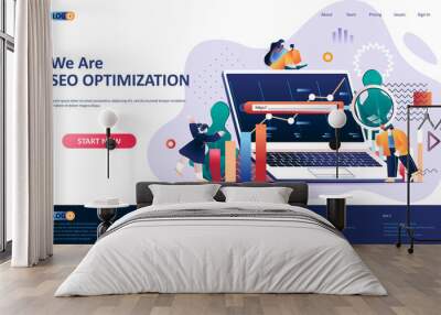 SEO optimization flat landing page template. Internet analytics, online research software web banner. Website content optimization for relevant searches 3d composition. Web page vector illustration. Wall mural