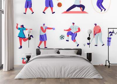 Set of flat people sports activities characters. Bundle cartoon people happy training or exercising isolated on white background. Vector illustration in flat modern style. Wall mural