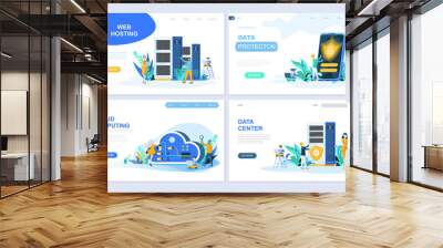 Set of landing page template for Hosting, Data Protection, Data Center, Cloud Computing. Modern vector illustration flat concepts decorated people character for website and mobile website development. Wall mural