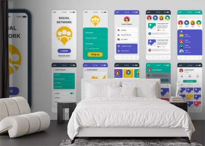 Set of UI, UX, GUI screens Social Network app flat design template for mobile apps, responsive website wireframes. Web design UI kit. Social Network Dashboard. Wall mural