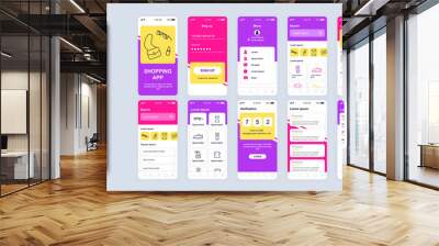 Shopping app smartphone interface vector templates set. Online clothes store web page design layout. Pack of UI, UX, GUI screens for application. Phone display. Mobile shop web design kit Wall mural