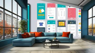 Shopping mobile app screens set for web templates. Pack of login, choose goods, online ordering, payment, promo code and other mockups. UI, UX, GUI user interface kit for layouts. Vector design Wall mural