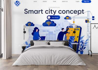 Smart city concept flat landing page. Developers team creating mobile app for smart house vector illustration. Internet of things, wireless networking web page composition with people characters. Wall mural