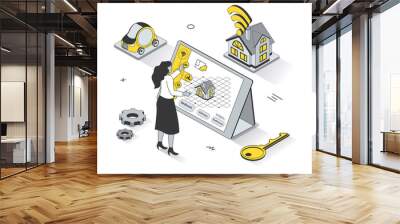 Smart home concept in 3d isometric outline design. Woman controls sensors in house using computer, systems monitoring, security and automation, line web template. Illustration with people scene Wall mural