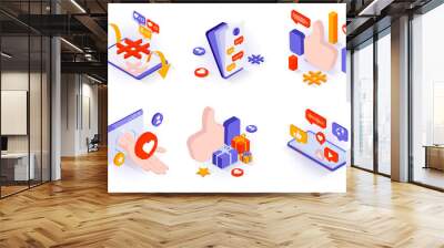 Social media concept isometric 3d icons set. Online communication and chats, attracting followers and blogging, promotion and digital marketing, isometry isolated collection. Vector illustration Wall mural