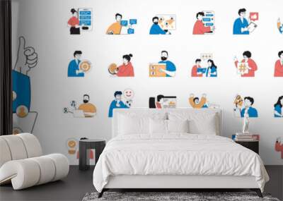 Social network concept with character situations mega set in flat web design. Bundle of scenes people chatting online, browsing, sharing links, likes and comments, making posts. Vector illustrations. Wall mural