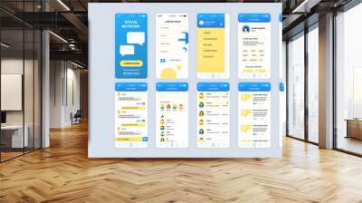 Social network mobile app interface design vector templates set. Online chatting. Internet communication. Web page design layouts kit. Pack of UI, UX, GUI screens for application. Phone display Wall mural