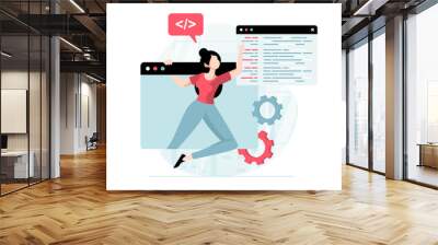 Software development concept with people scene in flat design. Woman programming and fixing code, creating site layout and corrects problems. Illustration with character situation for web Wall mural