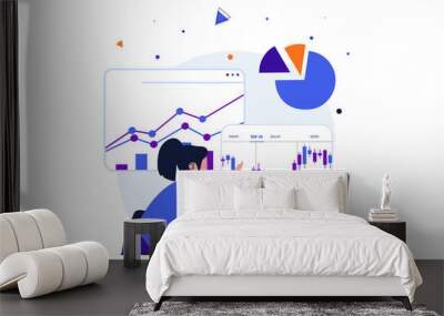 Stock market modern flat concept for web banner design. Woman is engaged in trading, analyzes financial data with growth trend and bargain invests money. Illustration with isolated people scene Wall mural