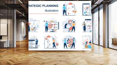 Strategic planning concept with character situations mega set. Bundle of scenes people analyze data statistics, create development plan, improving strategy. Vector illustrations in flat web design Wall mural