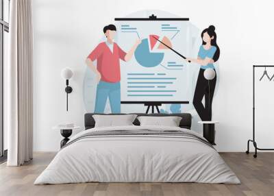 Strategic planning concept with people scene in flat design. Man and woman analyze company statistics at presentation and create development plan. Vector illustration with character situation for web Wall mural