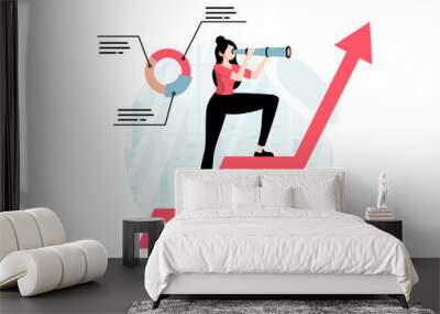 Strategic planning concept with people scene in flat design. Woman finds new opportunities, plans strategy for development and profit growth. Illustration with character situation for web Wall mural