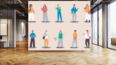 Students people set in flat design. Happy young women and men with backpack and books studying at university. Bundle of diverse multiracial characters. Vector illustration isolated persons for web Wall mural